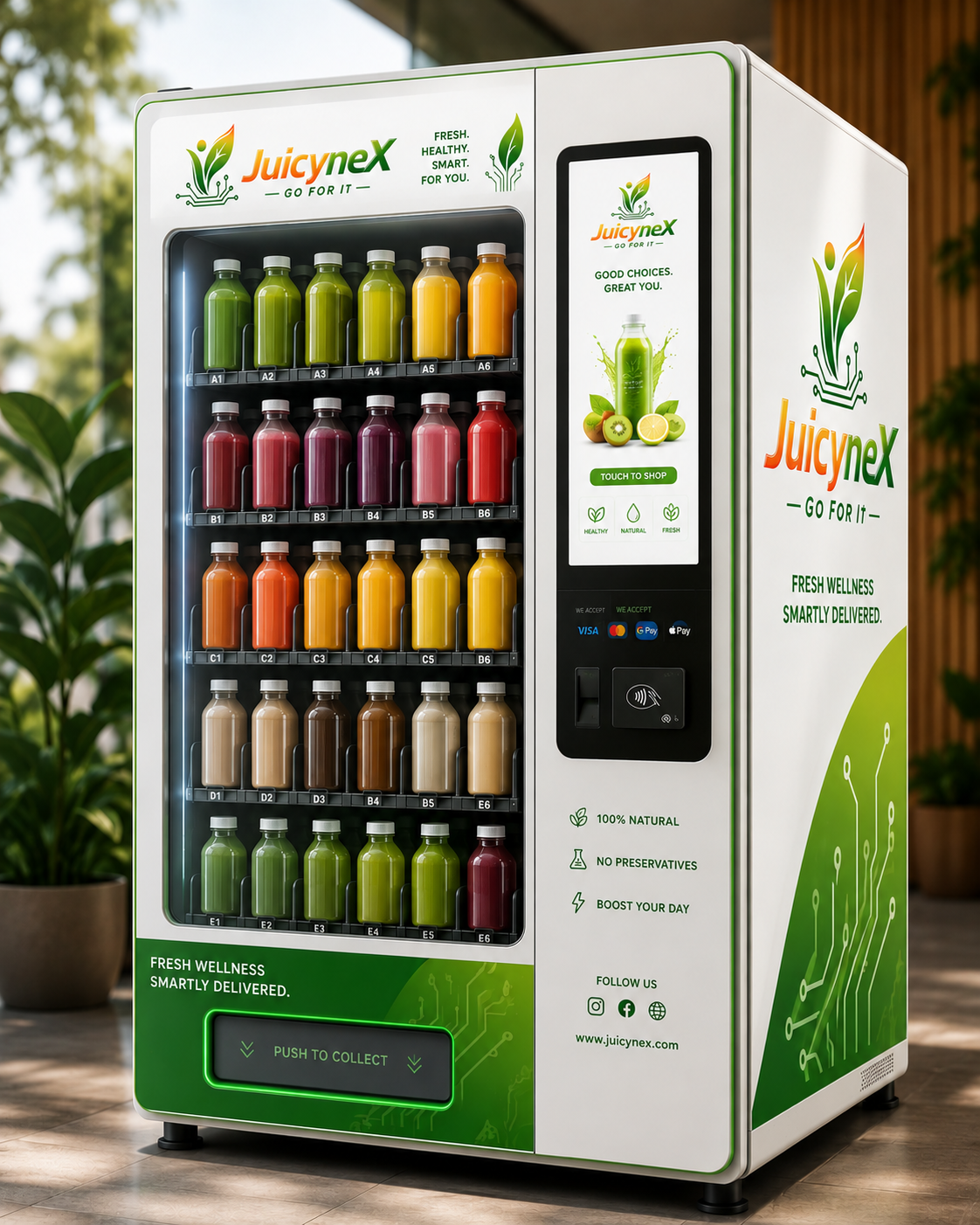 JuicyneX smart vending machine stocked with fresh juice bottles